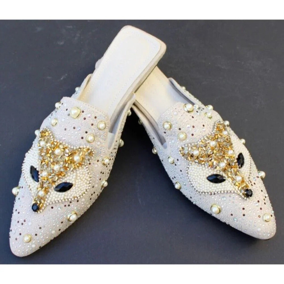 Fox Shoes - White Fox Print Slip-On Loafers Sparkling Rhinestones & Pearl Embellishments 7